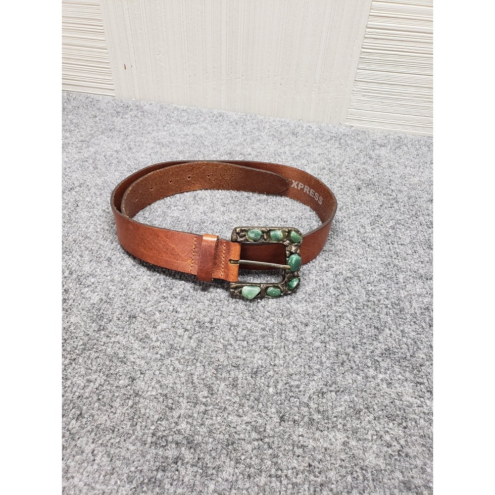 Express Women Genuine Leather Belt M Brown Buckle Green‎ Stones Western Style
